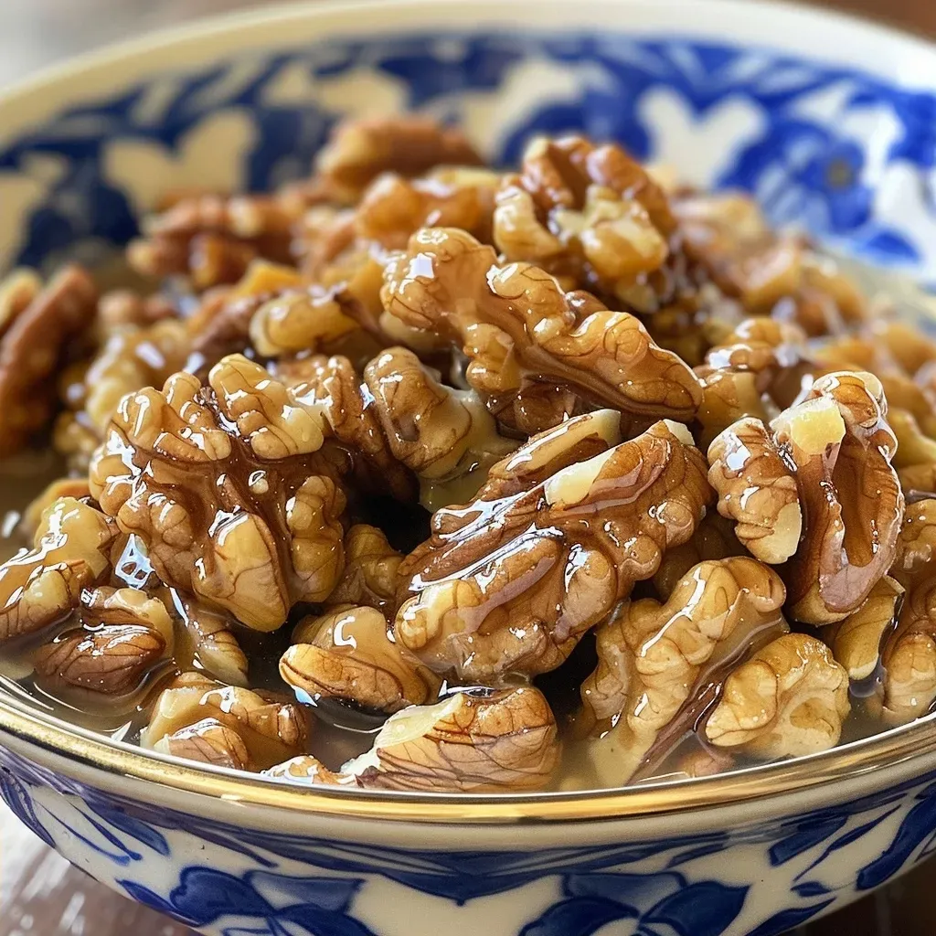 Nueces cubiertas con jarabe de arce en un plato.