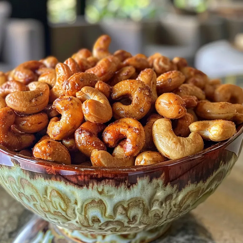 ['Primer plano de nueces de la india caramelizadas con jarabe de arce y canela.', 'Vista lateral de nueces de la india glaseadas con jarabe de arce y especias.', 'Detalle de nueces de la india con un acabado crujiente y dorado.', 'Nuez de la india cubierta de jarabe de arce y canela en una presentación apetitosa.']