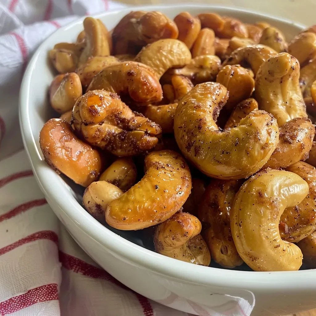 Primer plano de nueces de la india caramelizadas con jarabe de arce y canela.