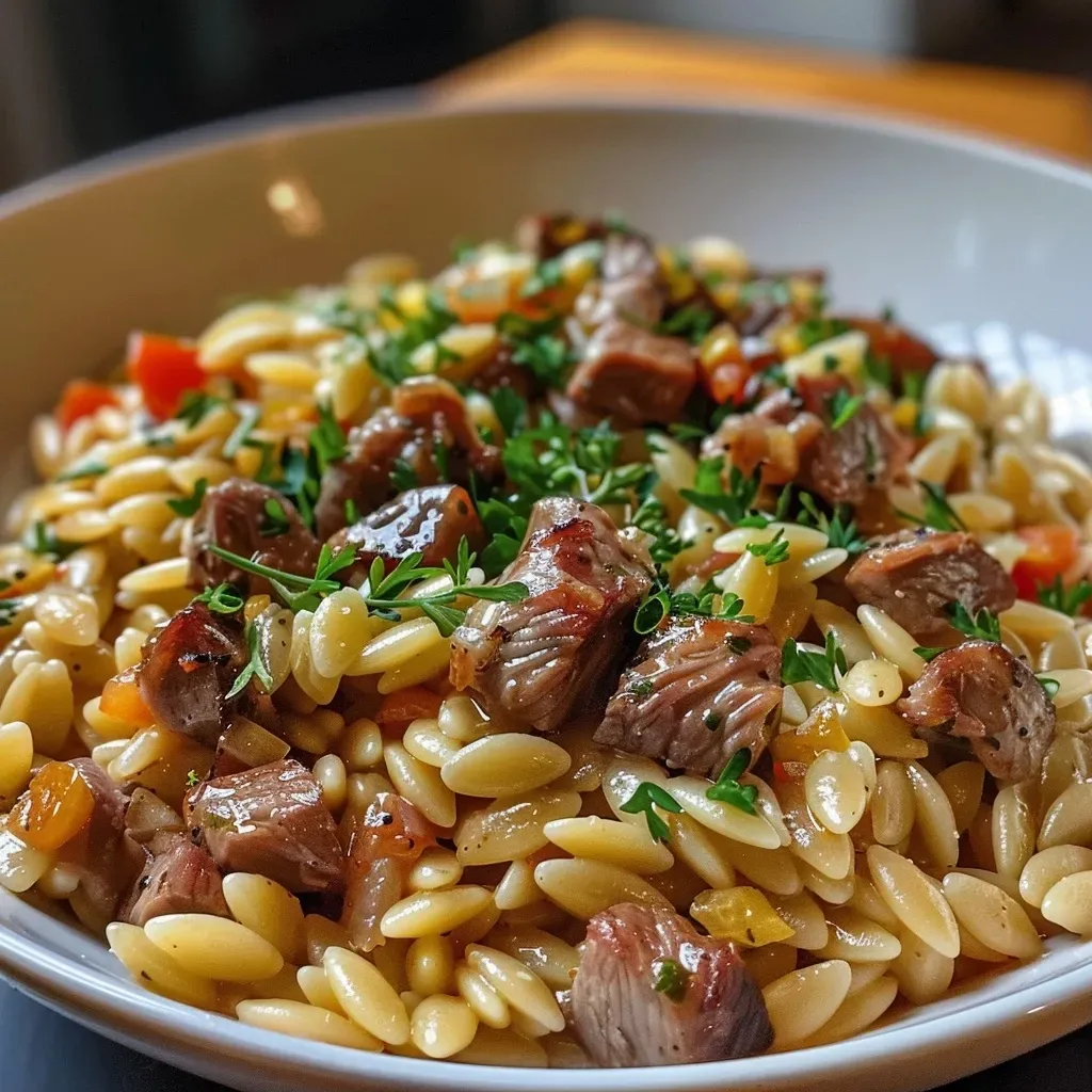 ['Placa de One-Pot Orzo con albóndigas en salsa.', 'Primer plano de orzo con albóndigas en un bol.', 'Tazón de orzo con carne y salsa cremosa.', 'Comida deliciosa de orzo con albóndigas caseras.']