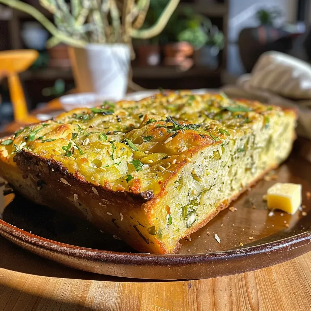 ['Pan de calabacín salado recién horneado, con textura esponjosa.', 'Vista lateral de un pan de calabacín salado, dorado y jugoso.', 'Primer plano de un pan de calabacín salado con trozos de queso parmesano.', 'Pan de calabacín salado presentado en una tabla de madera.']