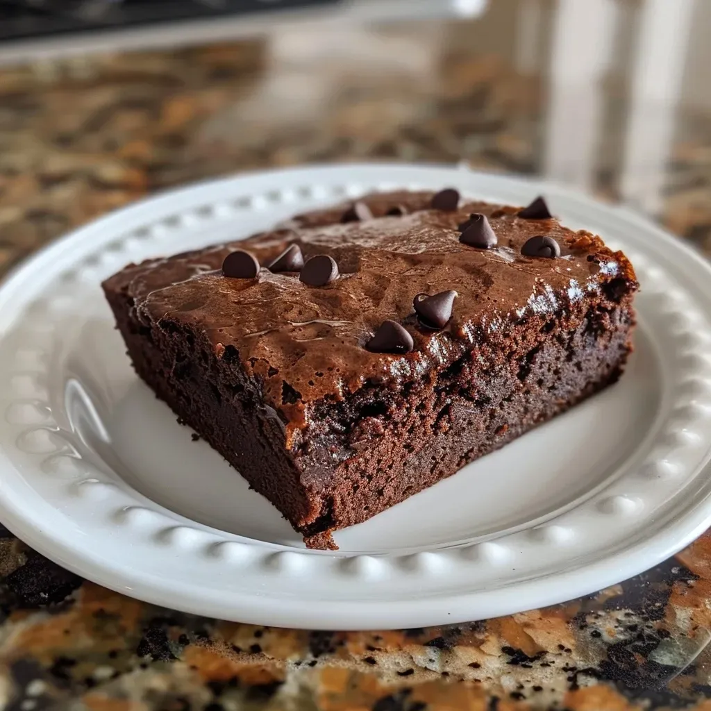Pan de chocolate húmedo en primer plano, con trozos de chocolate.