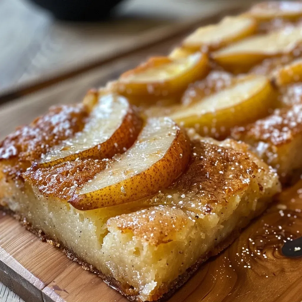 Pan de pera especiado recién horneado con textura dorada.
