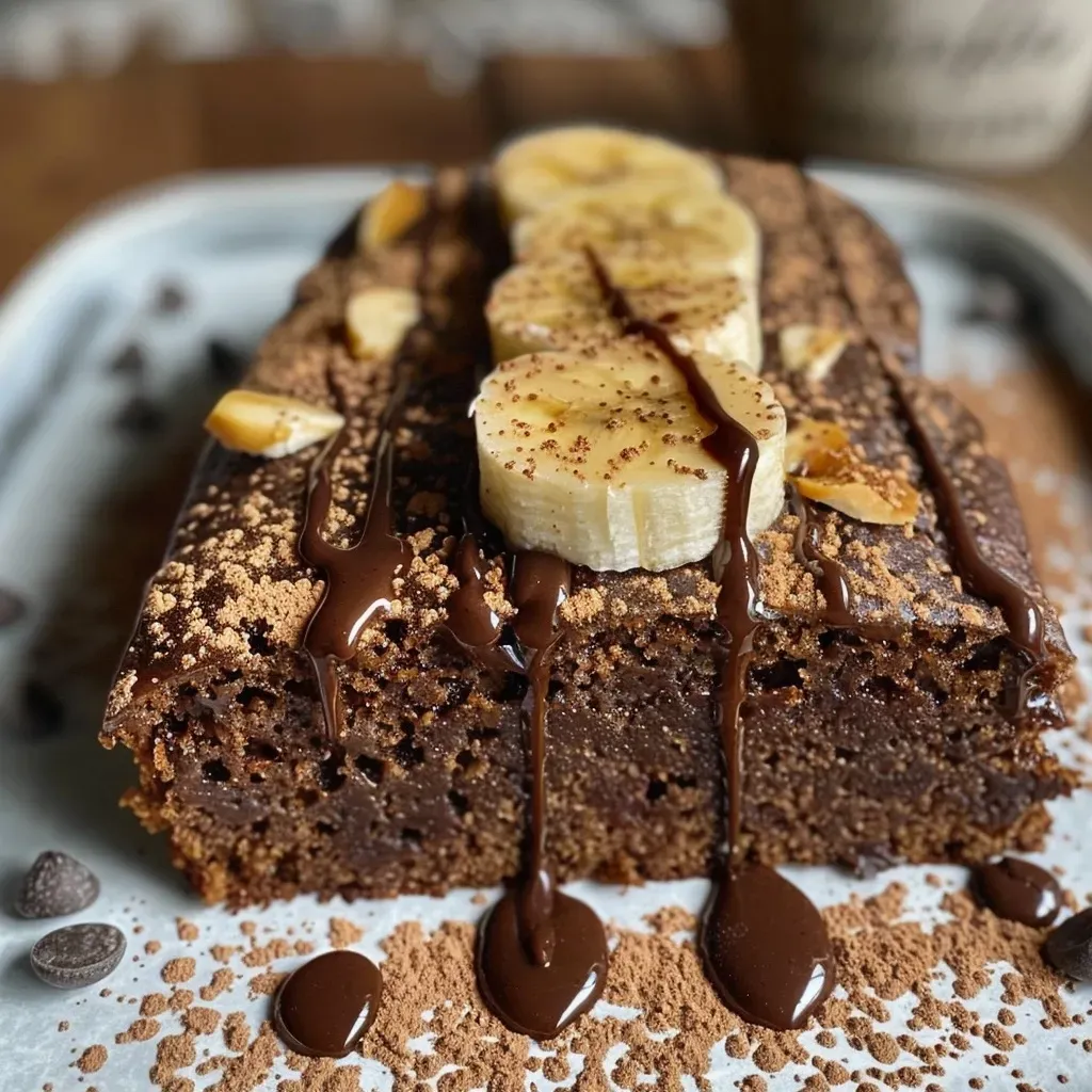 ['Pan de plátano alto en proteínas con trozos de chocolate.', 'Close up de un pan de plátano con cacao y plátanos.', 'Rebanada de pan de plátano de chocolate con textura jugosa.', 'Vista lateral de un pan de plátano saludable y nutritivo.']