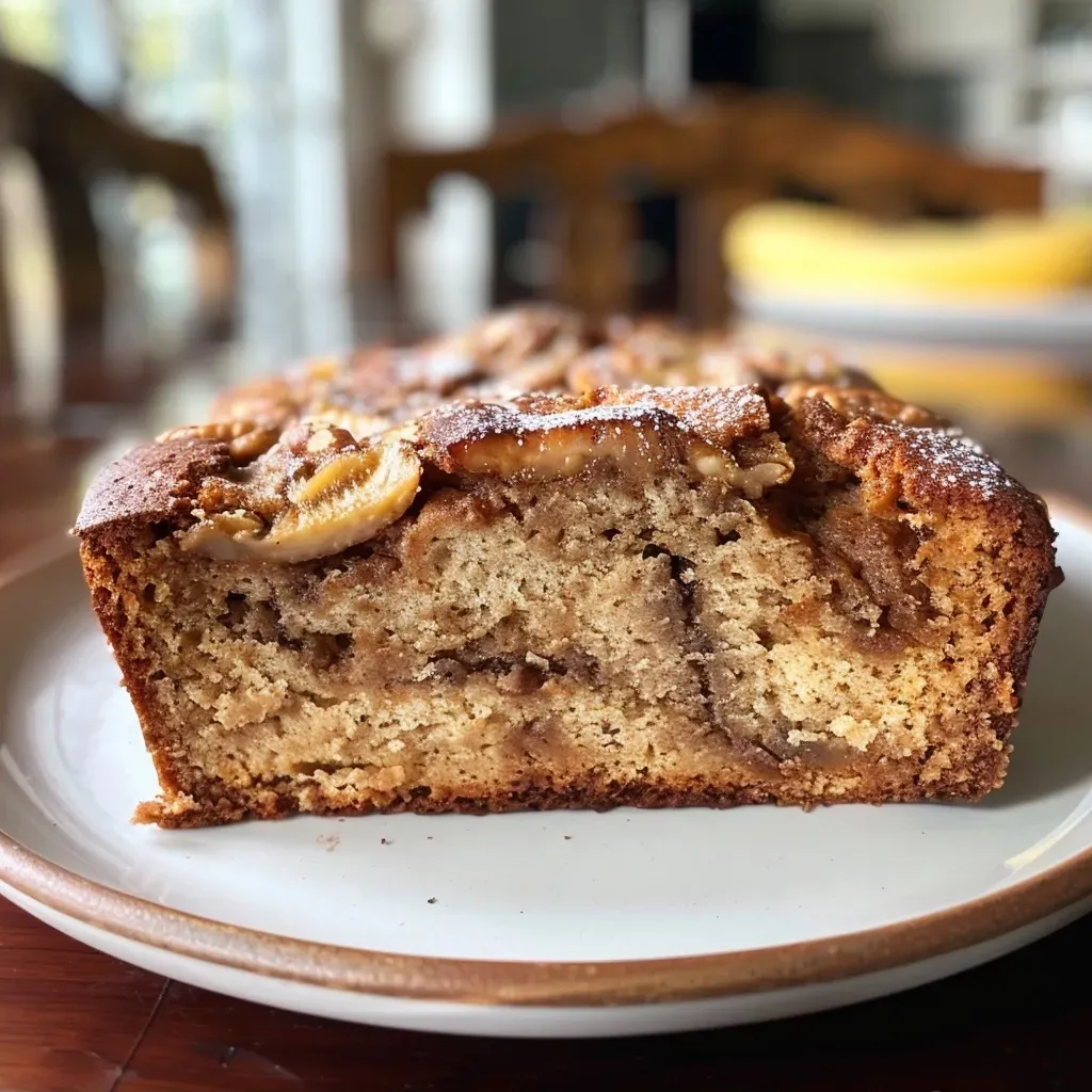 ['Pan de plátano con yogur griego y glaseado de nuez.', 'Rebanadas de pan de plátano con glaseado de azúcar moreno y nueces.', 'Detalle de pan de plátano casero con yogur griego y pecanas.', 'Vista lateral de pan de plátano con cobertura de nuez caramelizada.']