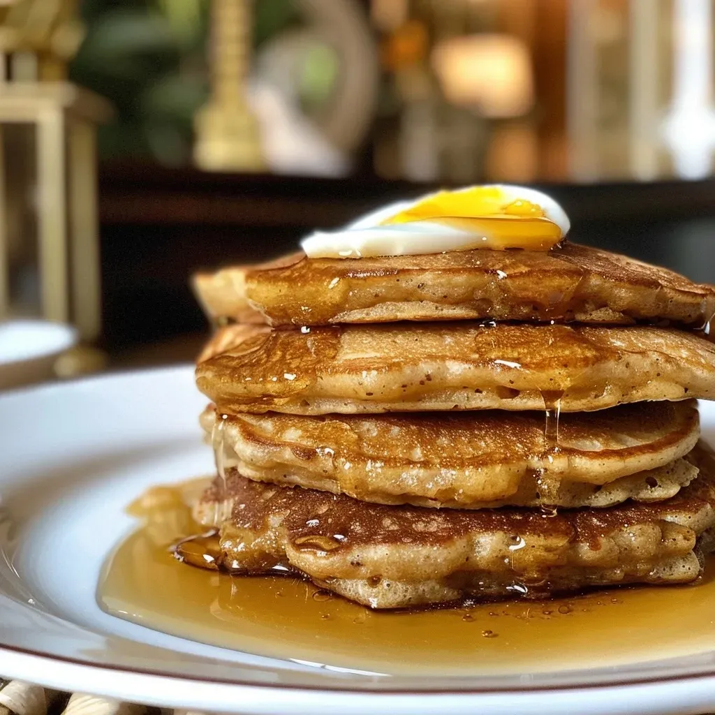 ['Pancakes de jengibre apilados con un glaseado brillante.', 'Tazón con pancakes de jengibre, decorados con jarabe.', 'Vista lateral de pancakes de jengibre con toppings.', 'Pancakes de jengibre en un plato con frutas como decoración.']