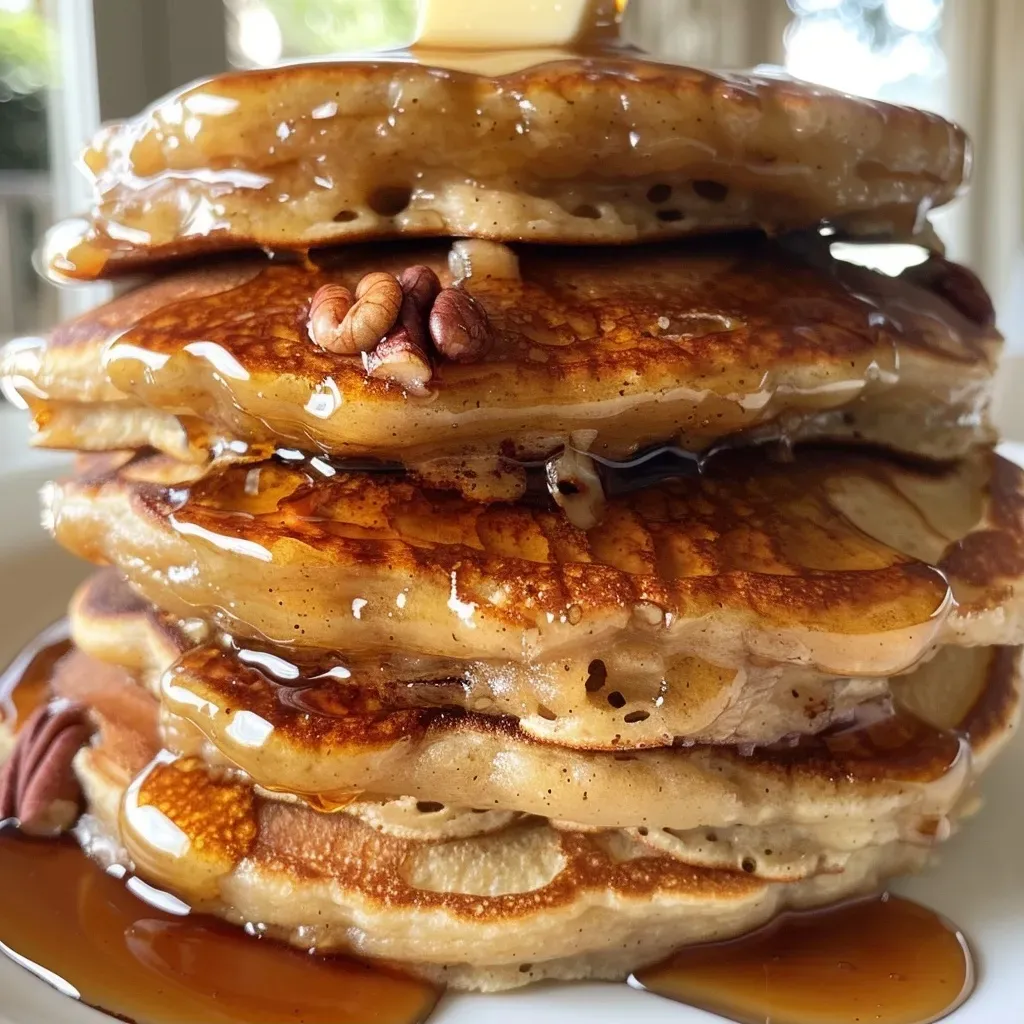 ['Pancakes de nuez pecana en primer plano.', 'Apilamiento de pancakes con nueces pecanas.', 'Detalle de pancakes esponjosos y jugosos.', 'Pancakes con nueces pecanas y jarabe.']