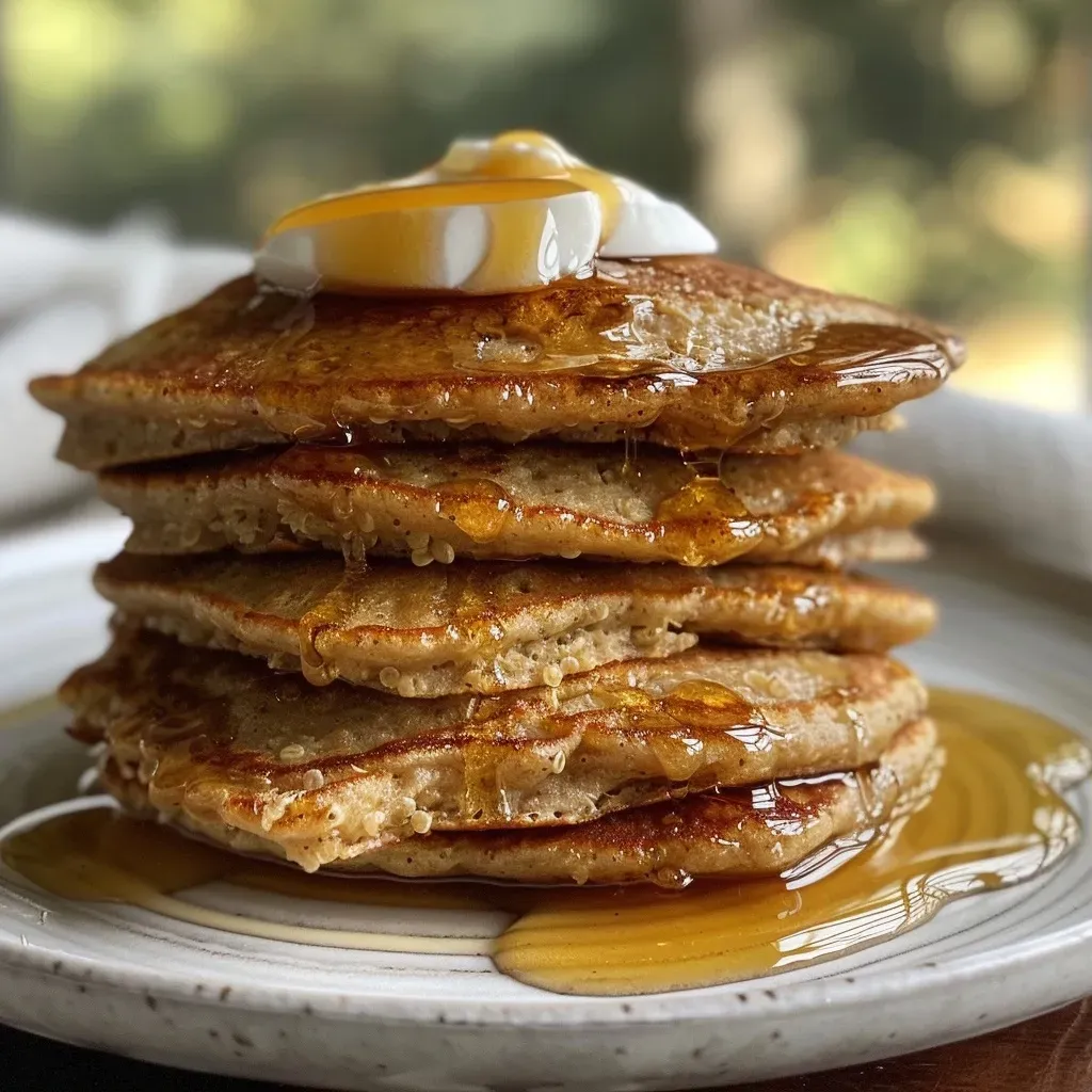 ['Pancakes de quinoa apilados, con textura esponjosa y dorada.', 'Primer plano de pancakes de quinoa, mostrando su jugosidad y color.', 'Vista lateral de pancakes de quinoa, con ingredientes visibles sobre ellos.', 'Pancakes de quinoa bien cocidos, listos para servir con miel.']