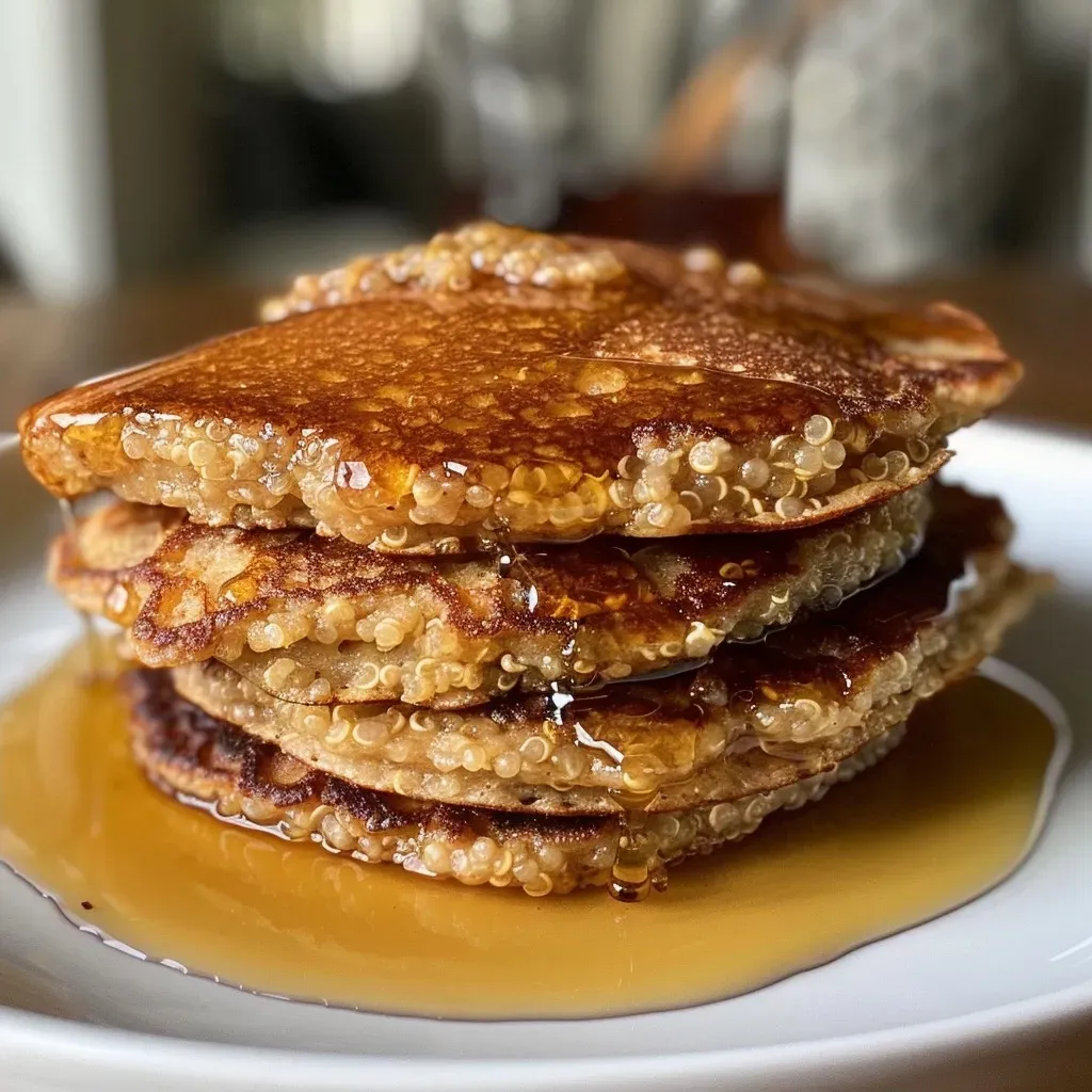 Pancakes de quinoa apilados, con textura esponjosa y dorada.