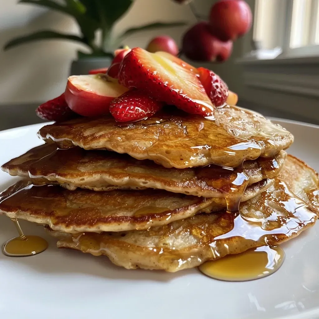 ['Pancakes proteicos sin gluten apilados con frutas frescas.', 'Vista lateral de pancakes saludables con sirope de arce.', 'Primer plano de pancakes sin gluten con ingredientes naturales.', 'Pancakes jugosos y esponjosos en un plato con frutas.']