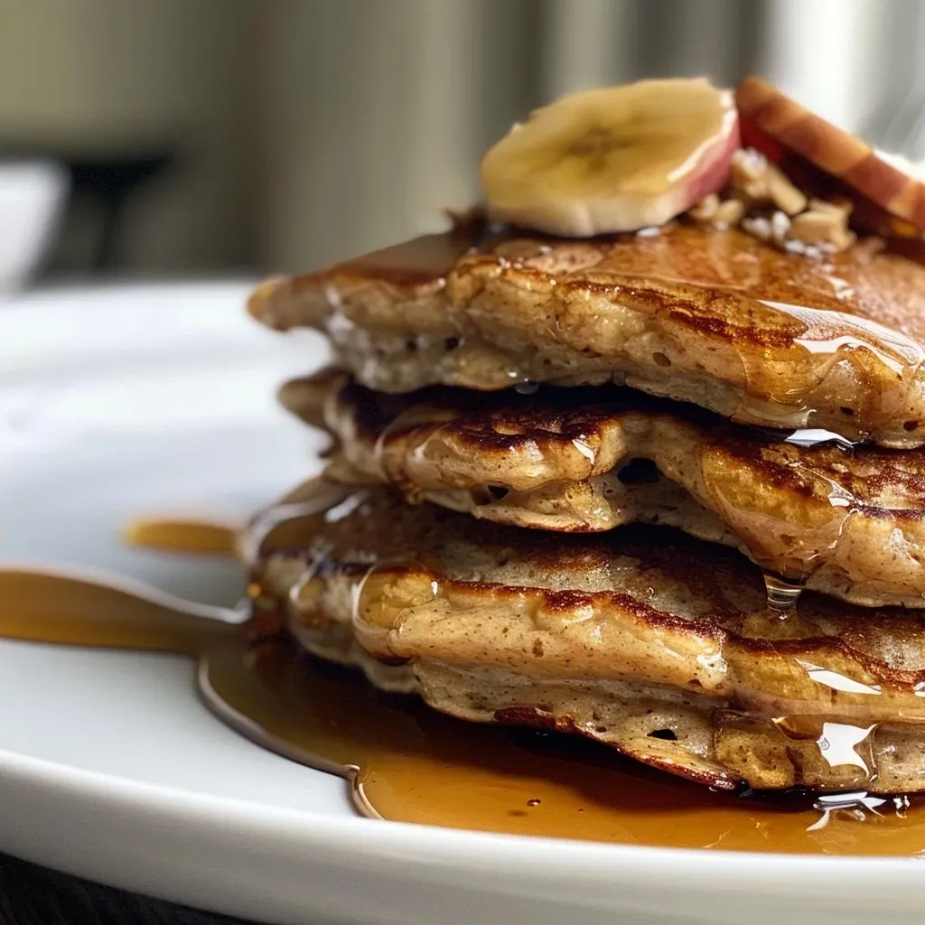 Pancakes proteicos sin gluten apilados con frutas frescas.