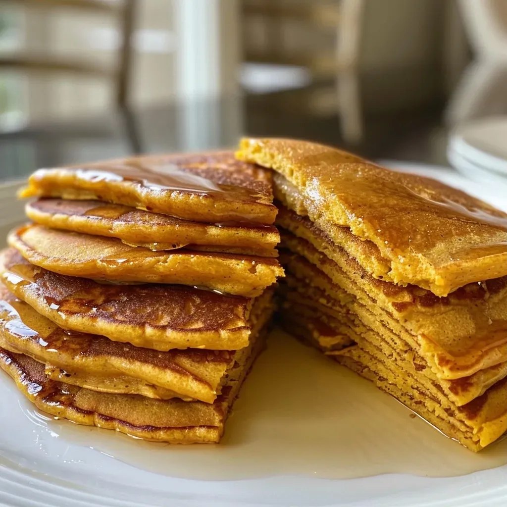 ['Pancakes de calabaza sin gluten en primer plano.', 'Vista lateral de pancakes de calabaza jugosos.', 'Pancakes de calabaza y especias con textura esponjosa.', 'Pancakes sin gluten de calabaza listos para disfrutar.']