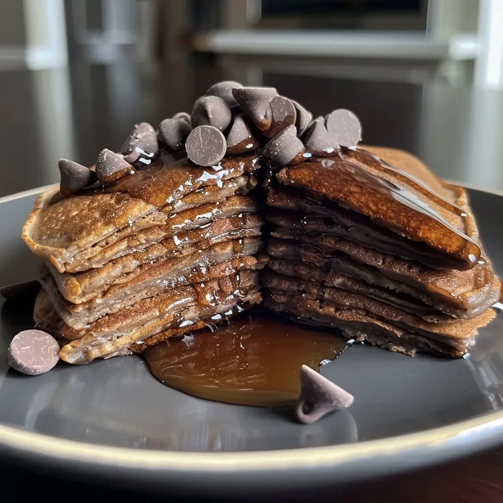 ['Pancakes veganos de chocolate en un plato.', 'Vista lateral de pancakes de chocolate veganos esponjosos.', 'Detalle de pancakes veganos con chispas de chocolate.', 'Pancakes veganos con sirope de arce en un fondo claro.']