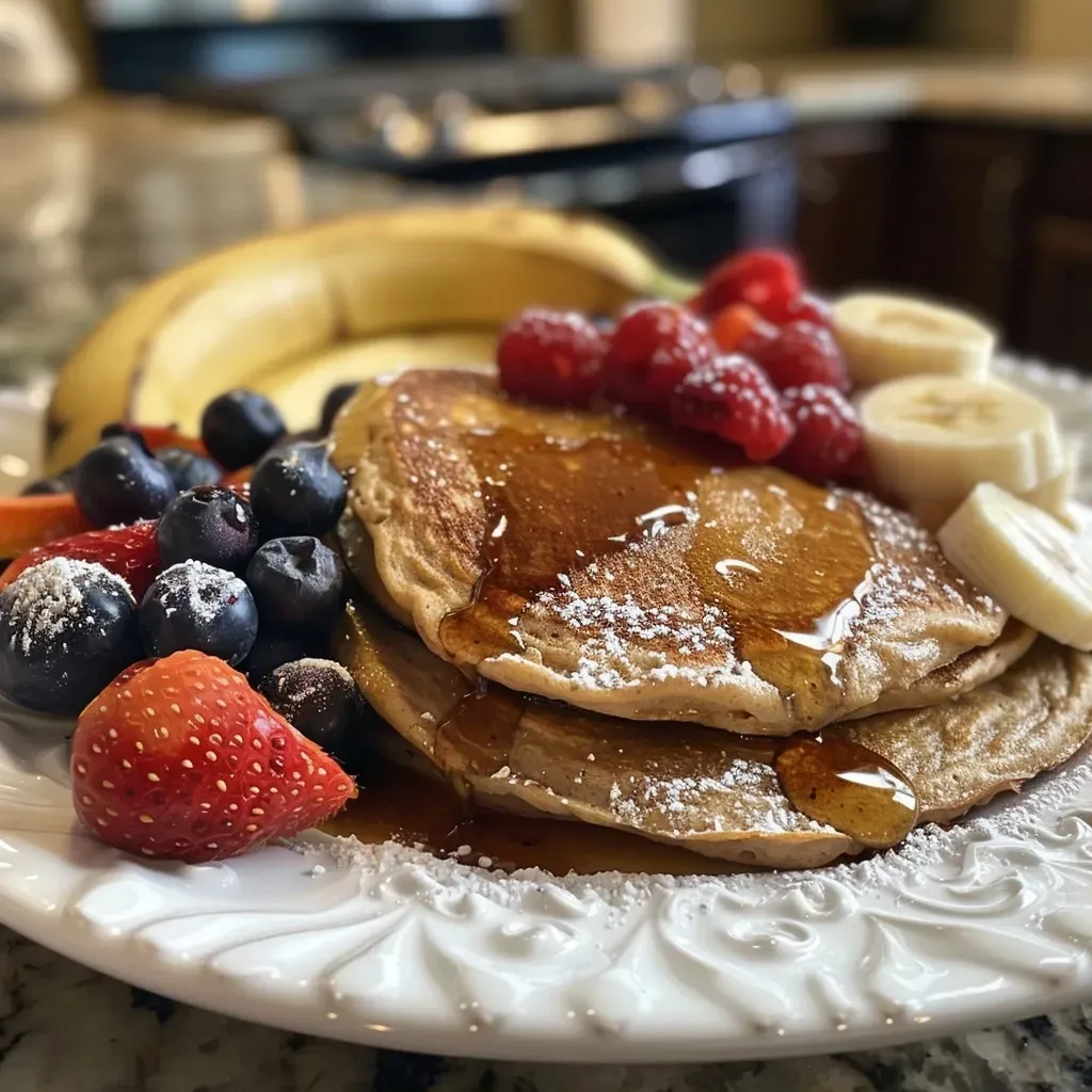 ['Panqueques de proteína esponjosos con frutas frescas.', 'Close up de deliciosos panqueques de proteína con toppings.', 'Vista lateral de panqueques de proteína preparados y decorados.', 'Apilamiento de panqueques de proteína con miel y frutas.']