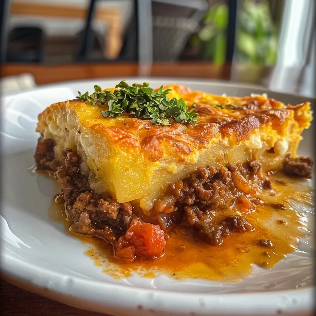 ['Pastel de carne jugoso con calabacín y queso.', 'Vista lateral de un pastel de carne fácil y económico.', 'Porción de pastel de carne en primer plano.', 'Pastel de carne recién horneado con ingredientes frescos.']
