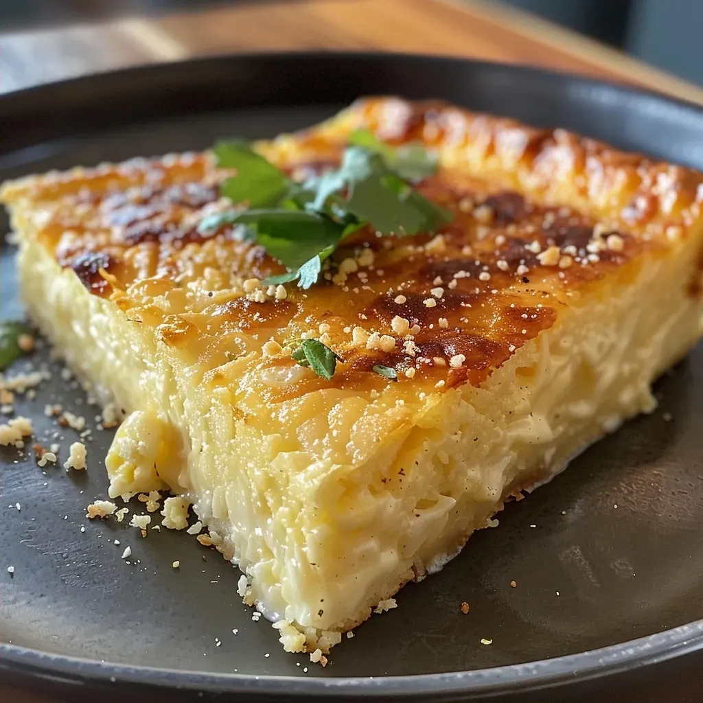 Pastel de elote y queso visto desde un lado, con textura cremosa.