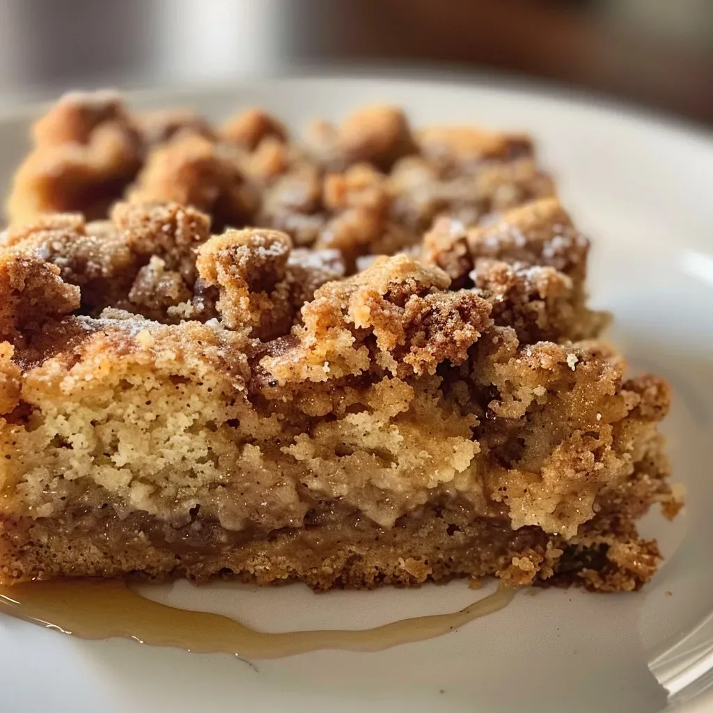 ['Pastel de maple con crumble en vista lateral.', 'Primer plano del pastel Maple Streusel recién horneado.', 'Delicioso pastel de maple con cobertura crujiente.', 'Vista lateral del pastel de streusel de maple en un plato.']