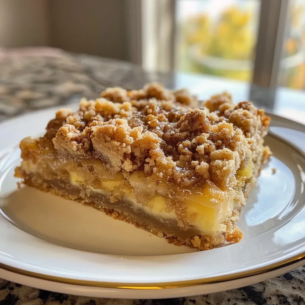 Pastel de maple con crumble en vista lateral.
