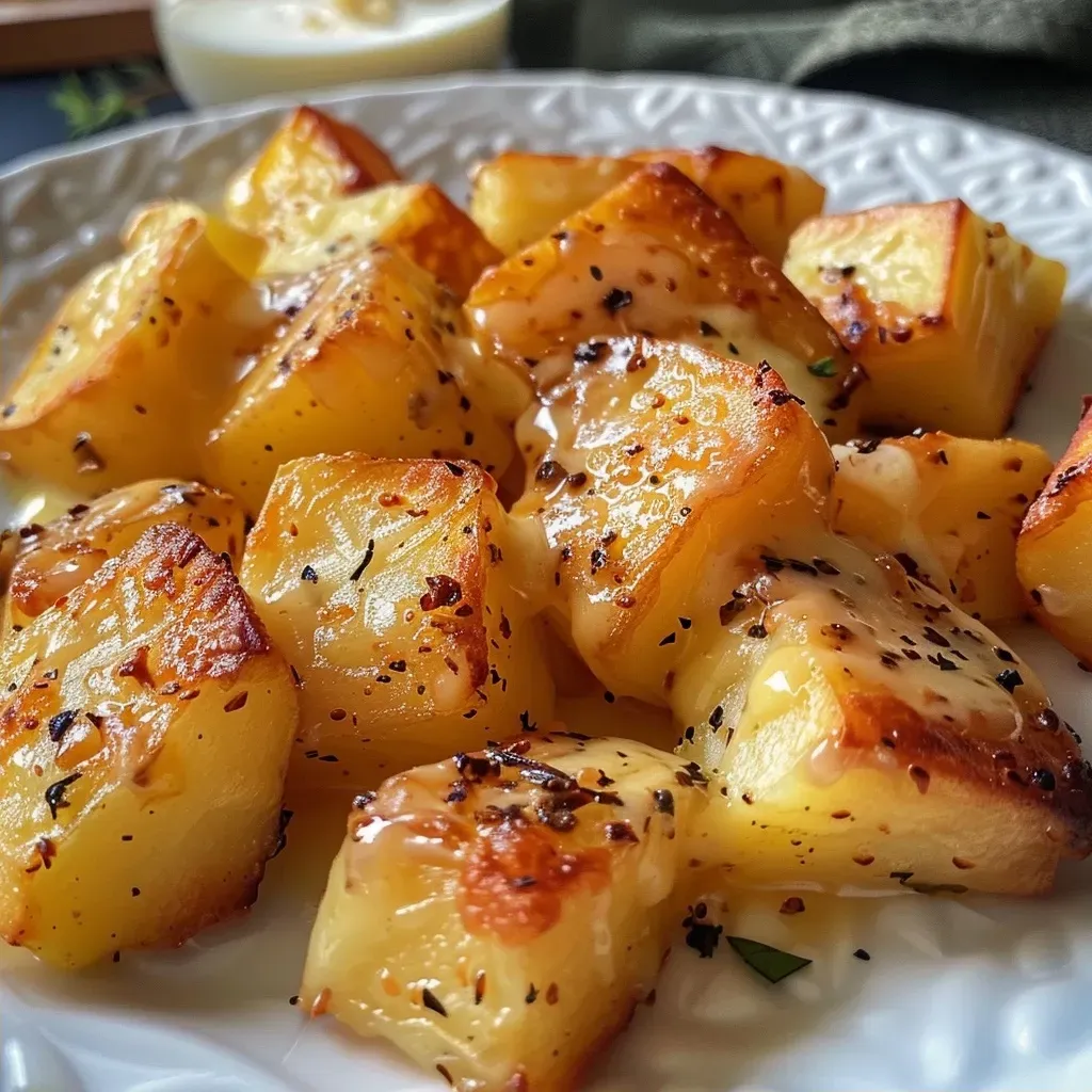 Patatas doradas con salsa de queso cheddar.