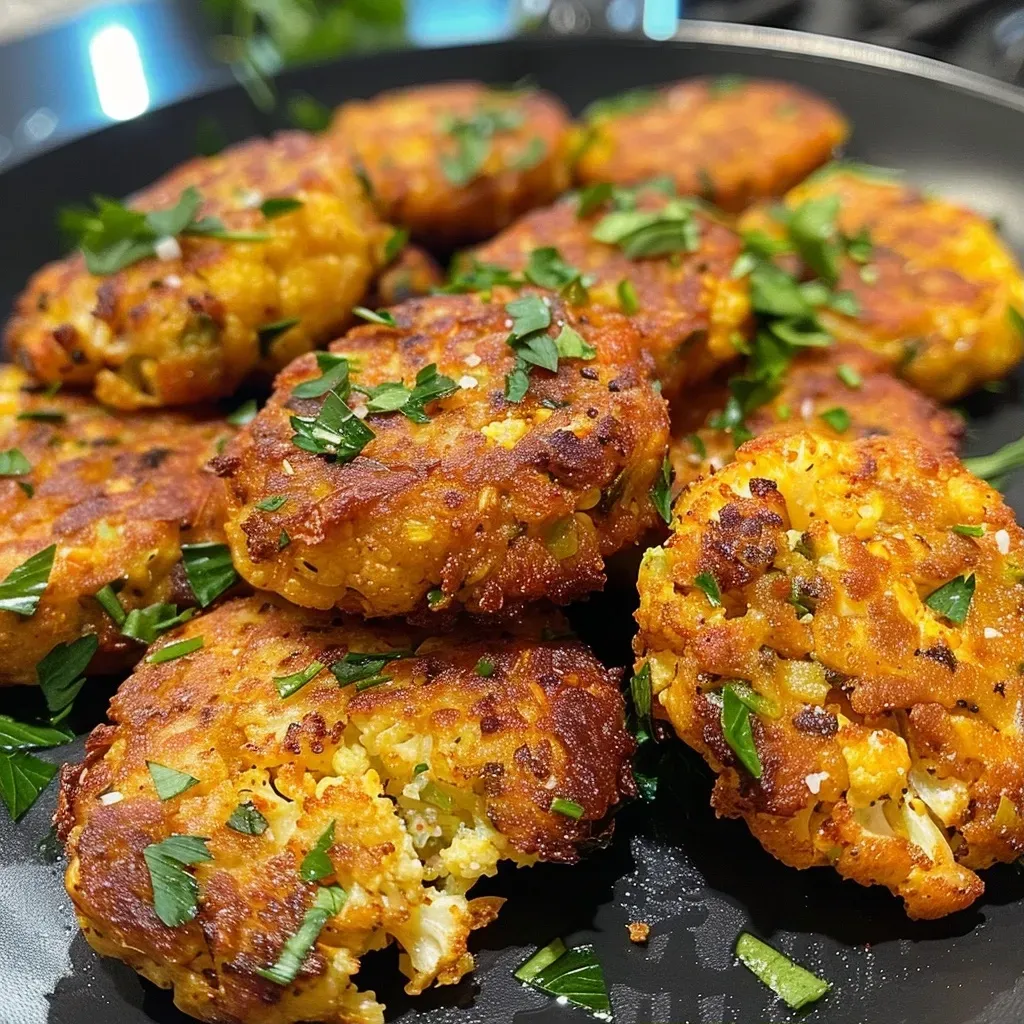 ['Croquetas de coliflor crujientes y doradas en un plato.', 'Patties de coliflor jugosos y bien dorados, listos para servir.', 'Vista lateral de deliciosas croquetas de coliflor en un fondo sencillo.', 'Primer plano de patties de coliflor con textura dorada.']