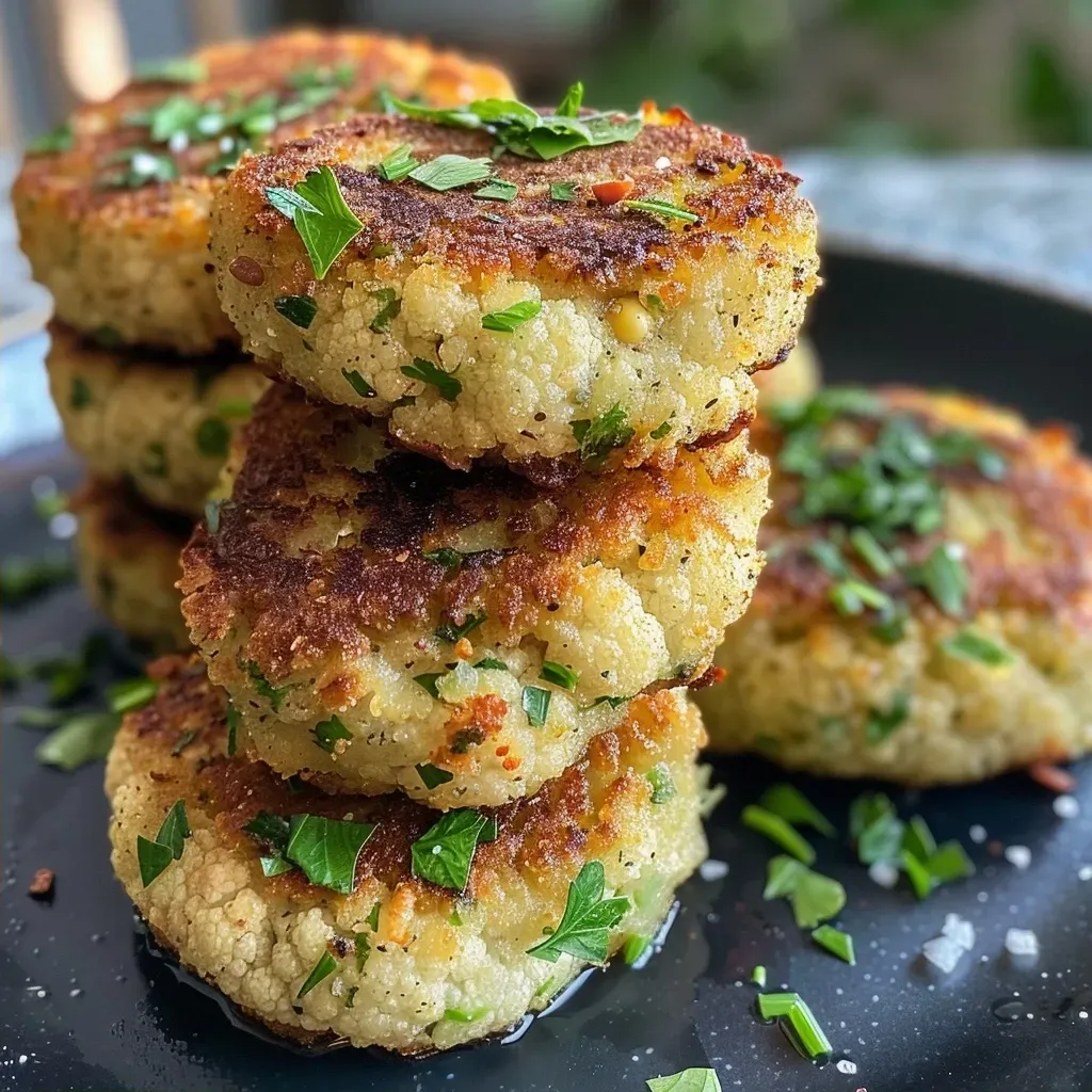 Croquetas de coliflor crujientes y doradas en un plato.