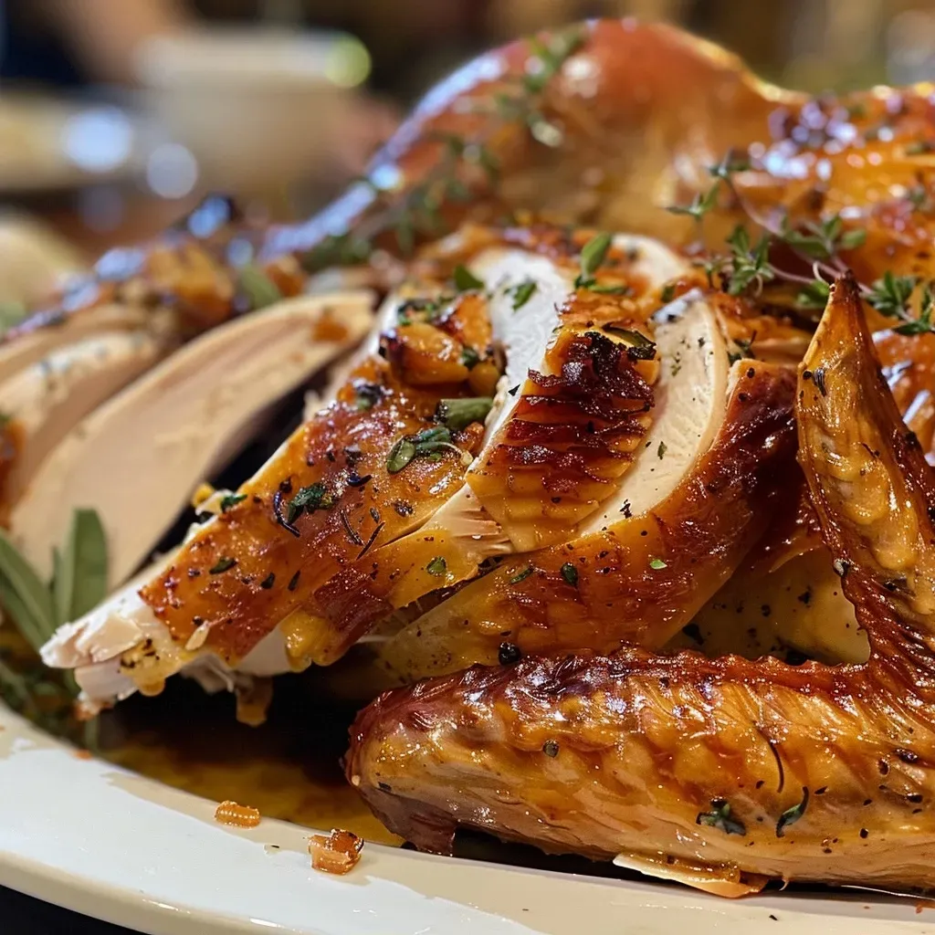 ['Pechuga de pavo asada jugosa presentada en un plato.', 'Detalle de una pechuga de pavo dorada y jugosa.', 'Vista lateral de una pechuga de pavo asada, con hierbas y ajo.', 'Cierre de una pechuga de pavo jugosa, lista para servir.']