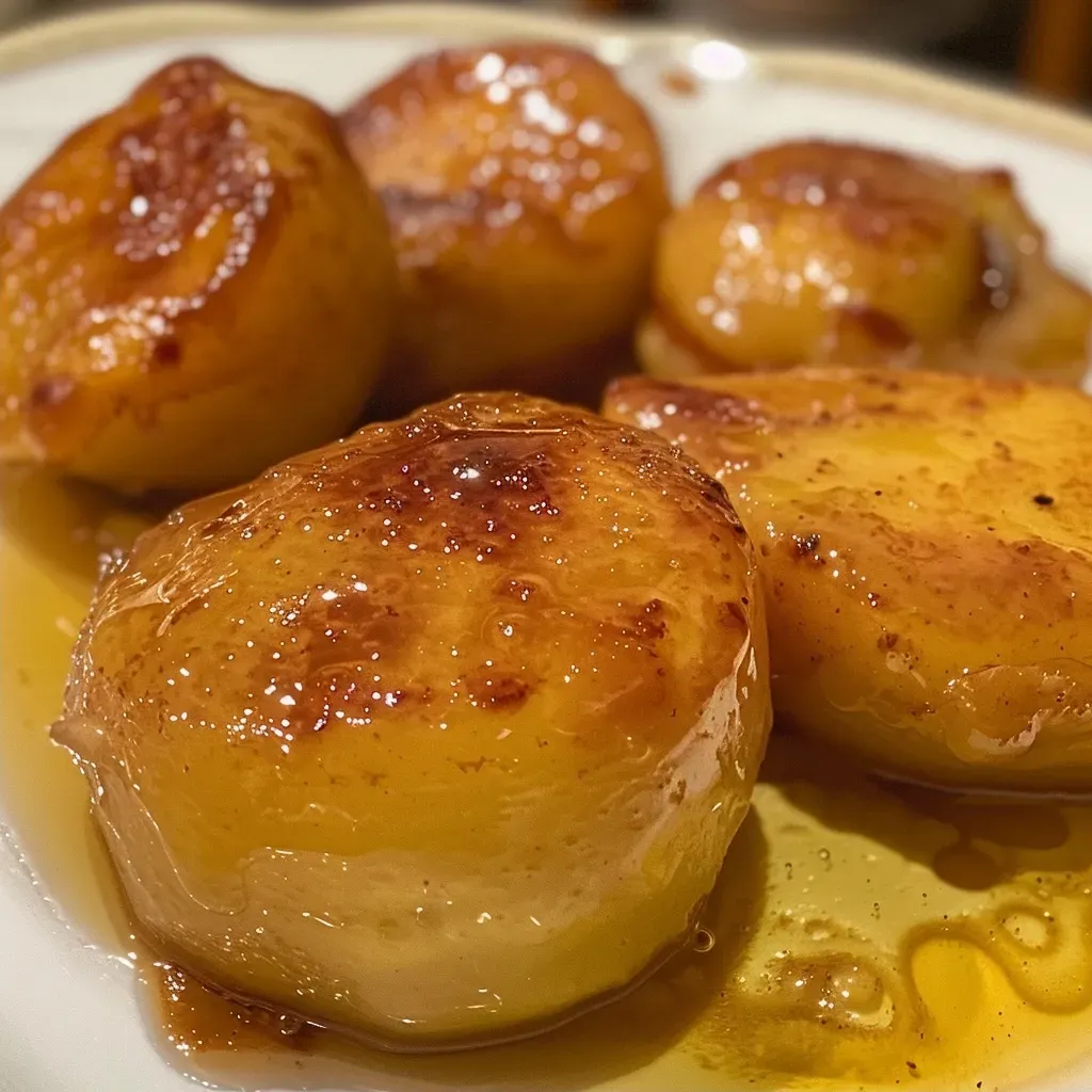 Primer plano de peras al horno doradas y jugosas.