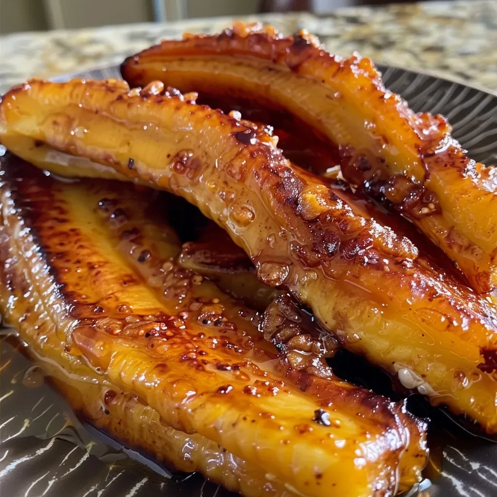 Plátanos al horno con miel y canela en un plato.