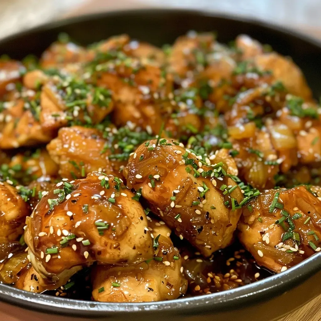 ['Pollo a la miel jugoso en olla de cocción lenta.', 'Close up de pollo a la miel cocido, con salsa brillante.', 'Foto de pollo a la miel desmenuzado, en un plato.', 'Detalle de un plato de pollo a la miel, con ingredientes visibles.']