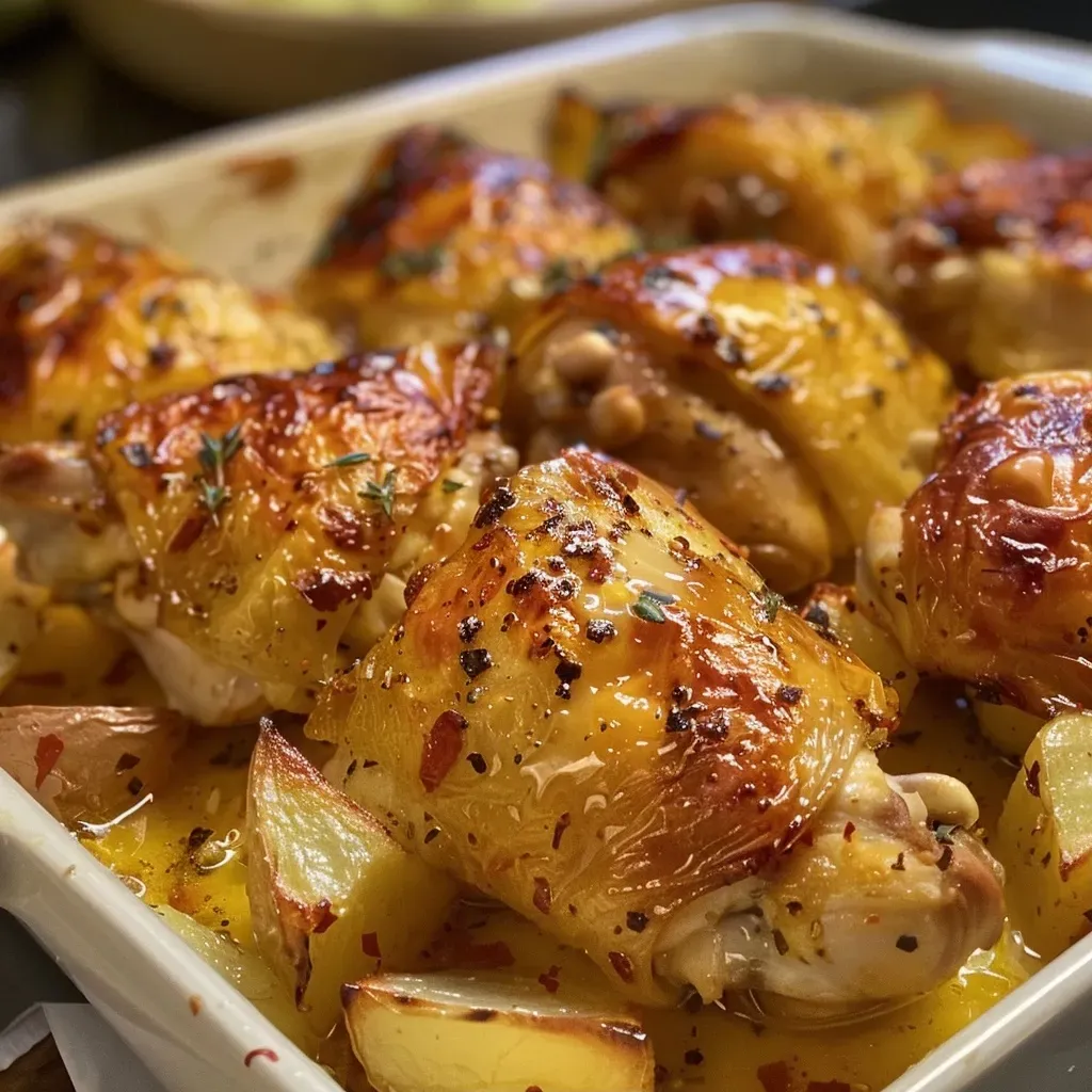 ['Muslos de pollo jugosos acompañados de papas doradas al horno.', 'Plato de Pollo con Papas al Horno en vista lateral.', 'Pollo al horno con papas en cubos, bien presentado en un plato.', 'Detalle de un delicioso Pollo con Papas al Horno.']