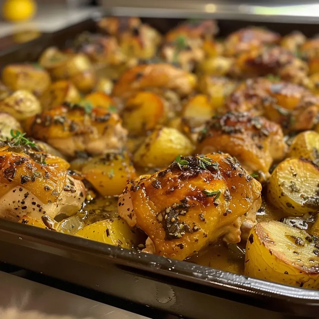 Muslos de pollo jugosos acompañados de papas doradas al horno.