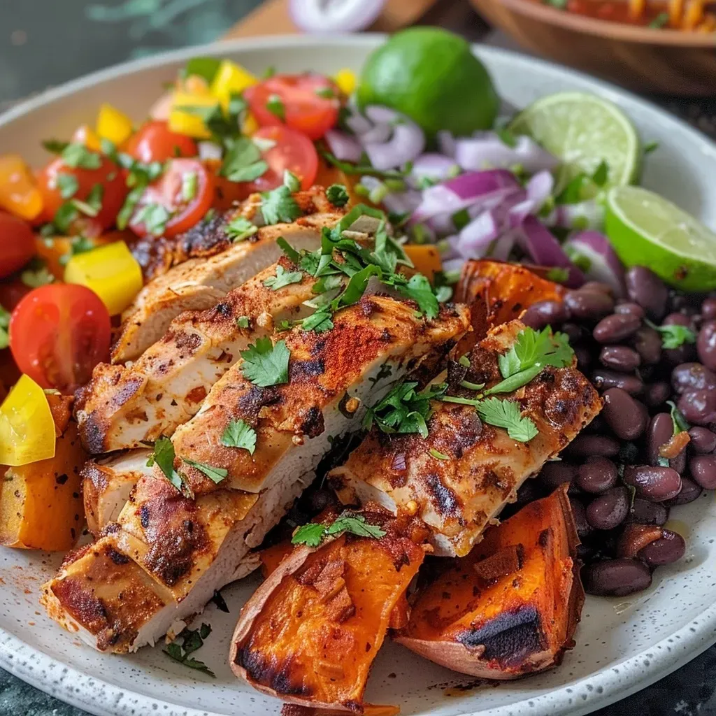 ['Pollo mexicano con batata en sartén.', 'Platos coloridos de pollo y batata.', 'Receta de sartén con pollo y batata.', 'Ingredientes frescos en una sartén.']