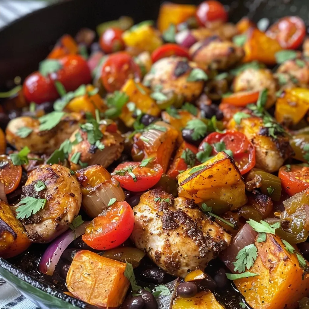 Pollo mexicano con batata en sartén.