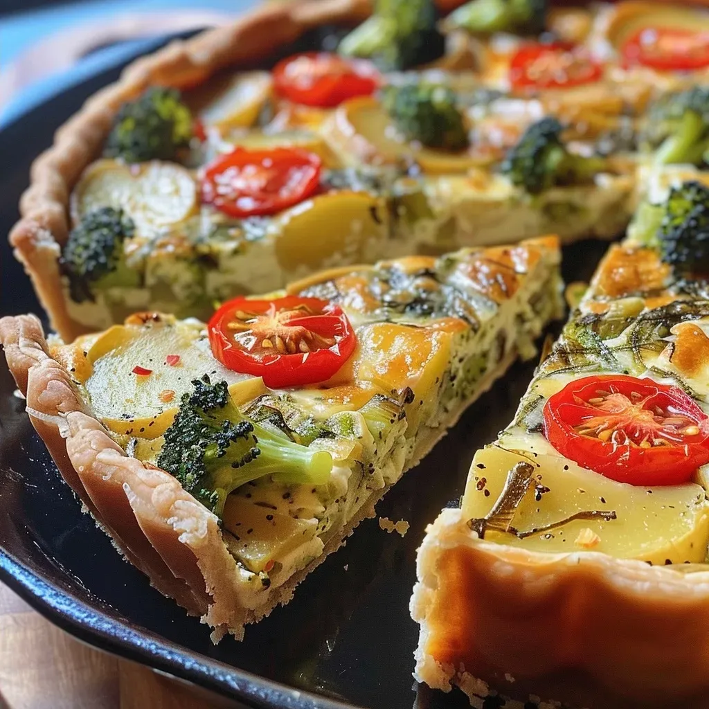 Quiche de tofu con capas de vegetales frescos.