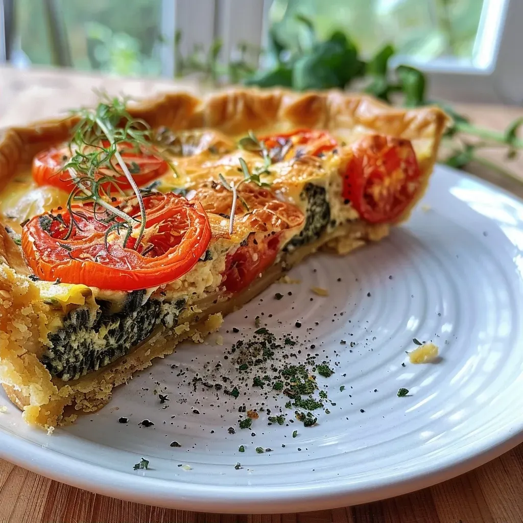 Quiche vegana de tomate vista lateral, mostrando su textura jugosa.