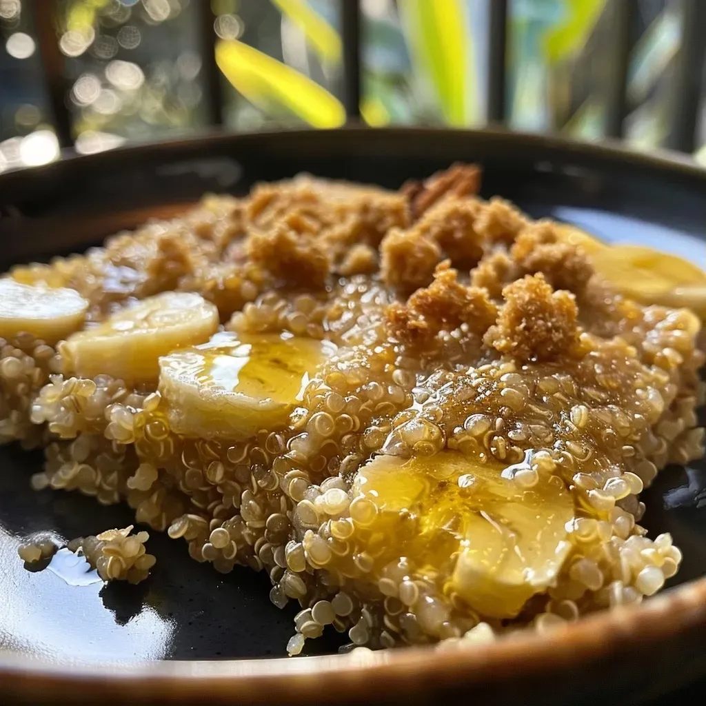 ['Tazón de quinoa horneada con plátano y mantequilla de maní.', 'Primer plano de un desayuno de quinoa con ingredientes saludables.', 'Quinoa horneada con plátano y un toque de canela.', 'Porción de quinoa saborizada con mantequilla de almendra y plátano.']