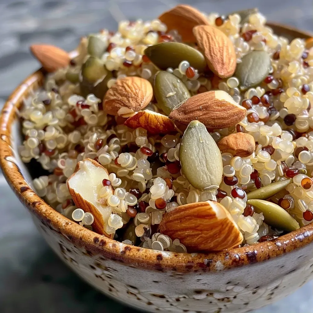 ['Quinoa crujiente con nueces y semillas en un plato.', 'Primer plano de quinoa con almendras y semillas de calabaza.', 'Ensalada de quinoa dorada rodeada de frutos secos.', 'Tazón de quinoa con toppings de nueces y semillas.']