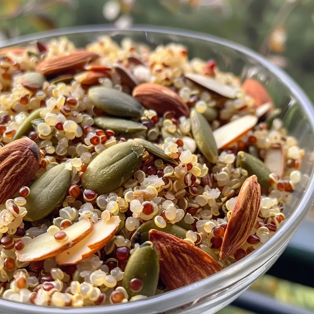 Quinoa crujiente con nueces y semillas en un plato.
