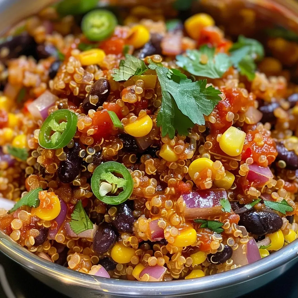 ['Quinoa mexicana cocinada en una olla con frijoles y verduras.', 'Primer plano de quinoa mexicana con ingredientes frescos en una cacerola.', 'Olla con quinoa, frijoles y vegetales en una presentación colorida.', 'Quinoa mexicana lista para servir, con jalapeños y pimientos.']