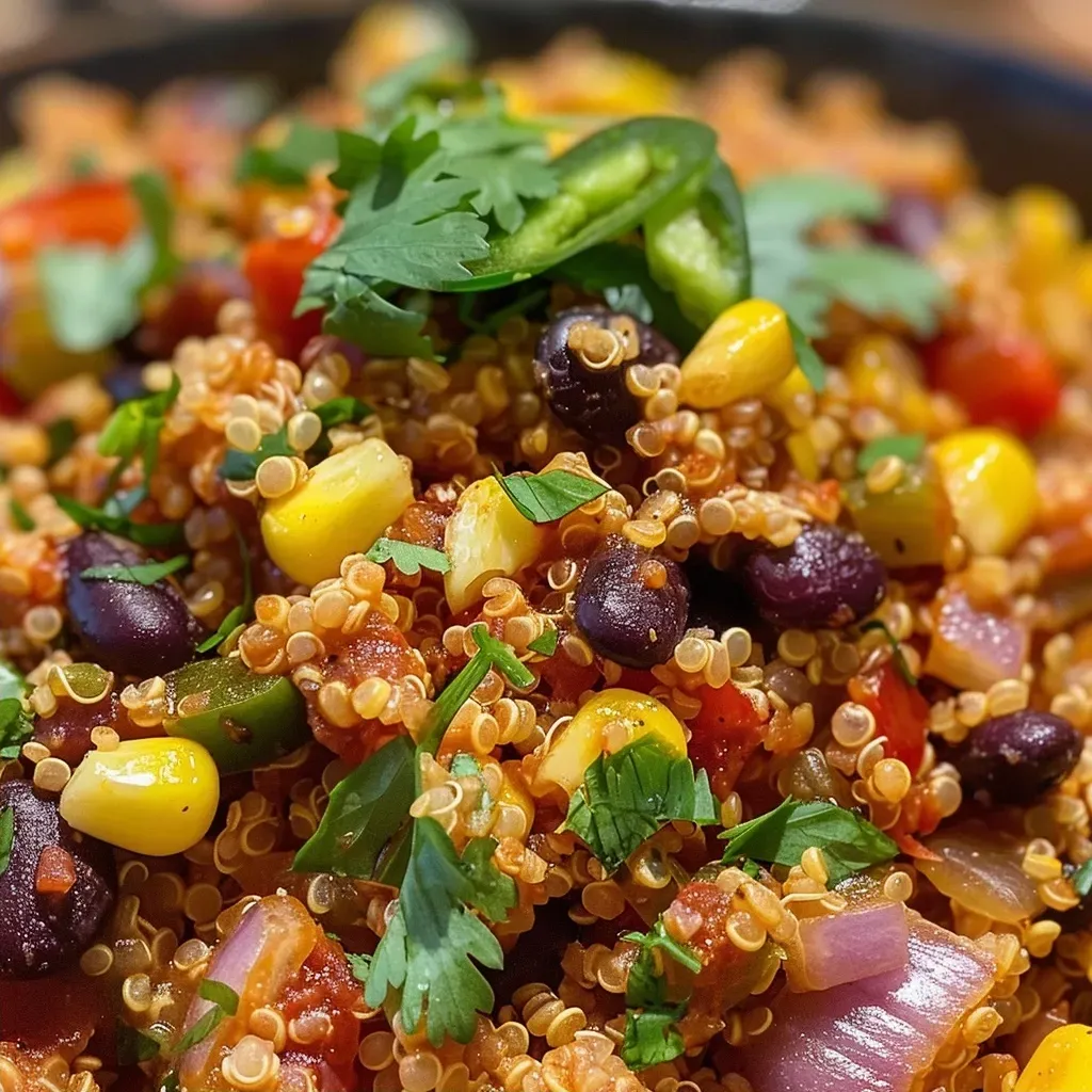 Quinoa mexicana cocinada en una olla con frijoles y verduras.