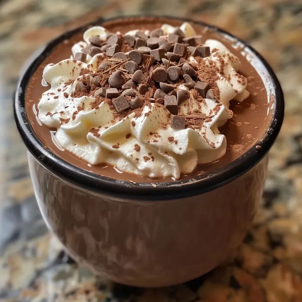 Chocolate caliente cremoso en una olla de cocción lenta.