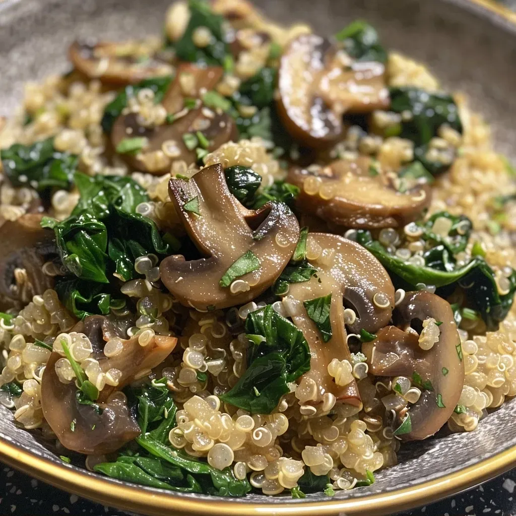 ['Placa de quinoa cocida con espinacas y champiñones.', 'Primer plano de un salteado de quinoa con vegetales frescos.', 'Quinoa acompañada de espinacas y champiñones en una sartén.', 'Plato colorido de quinoa con ingredientes saludables.']