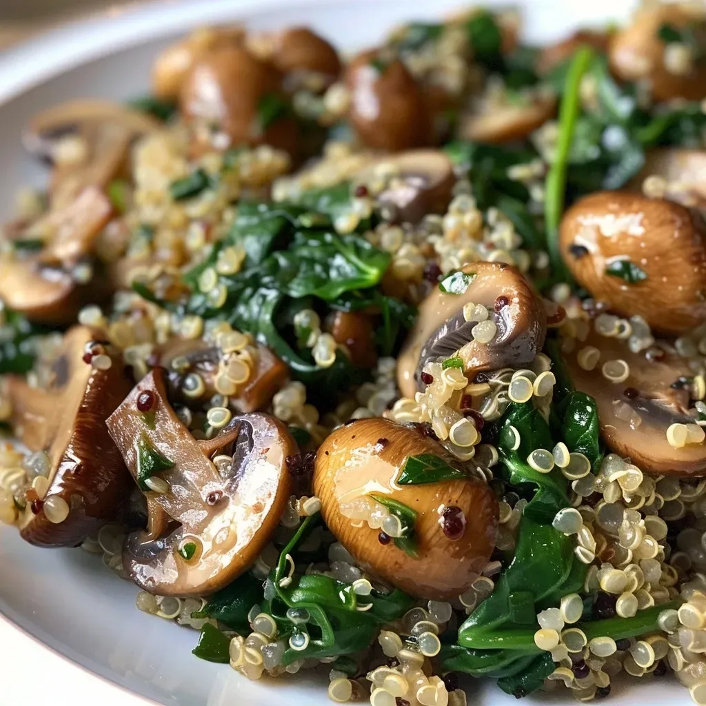 Placa de quinoa cocida con espinacas y champiñones.