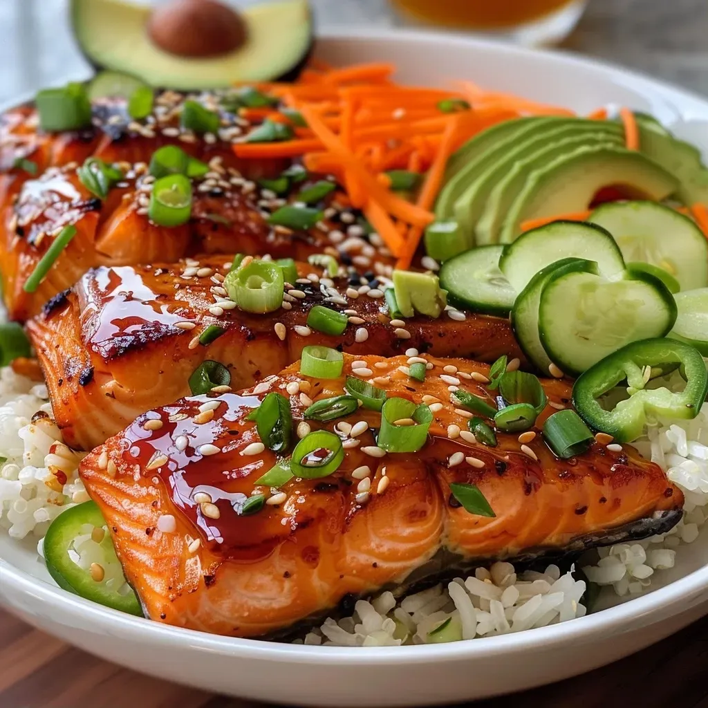 ['Tazón de salmón dulce picante con arroz y verduras frescas.', 'Plato de salmón glaseado con salsa dulce y acompañamientos coloridos.', 'Receta de salmón servido en un tazón con ingredientes saludables.', 'Vista lateral de un tazón de salmón dulce picante con guarniciones.']