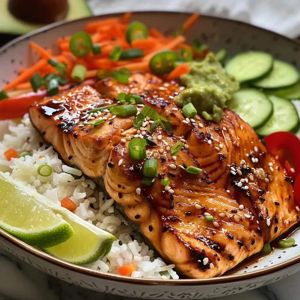 Tazón de salmón dulce picante con arroz y verduras frescas.