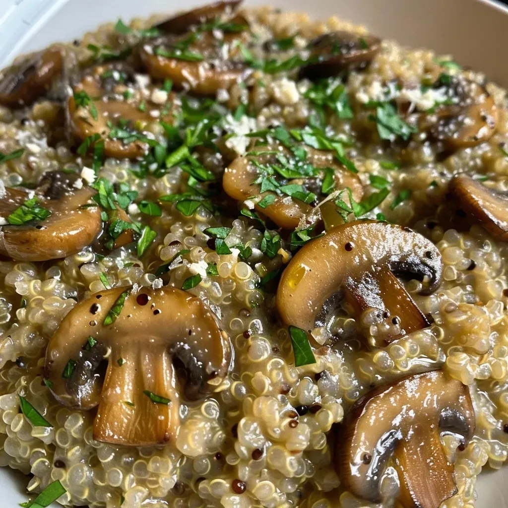 ['Risotto de quinoa con champiñones en un plato.', 'Primer plano de risotto cremoso de quinoa y champiñones.', 'Tazón con risotto de quinoa, champiñones y queso.', 'Risotto de quinoa con ingredientes frescos destacados.']