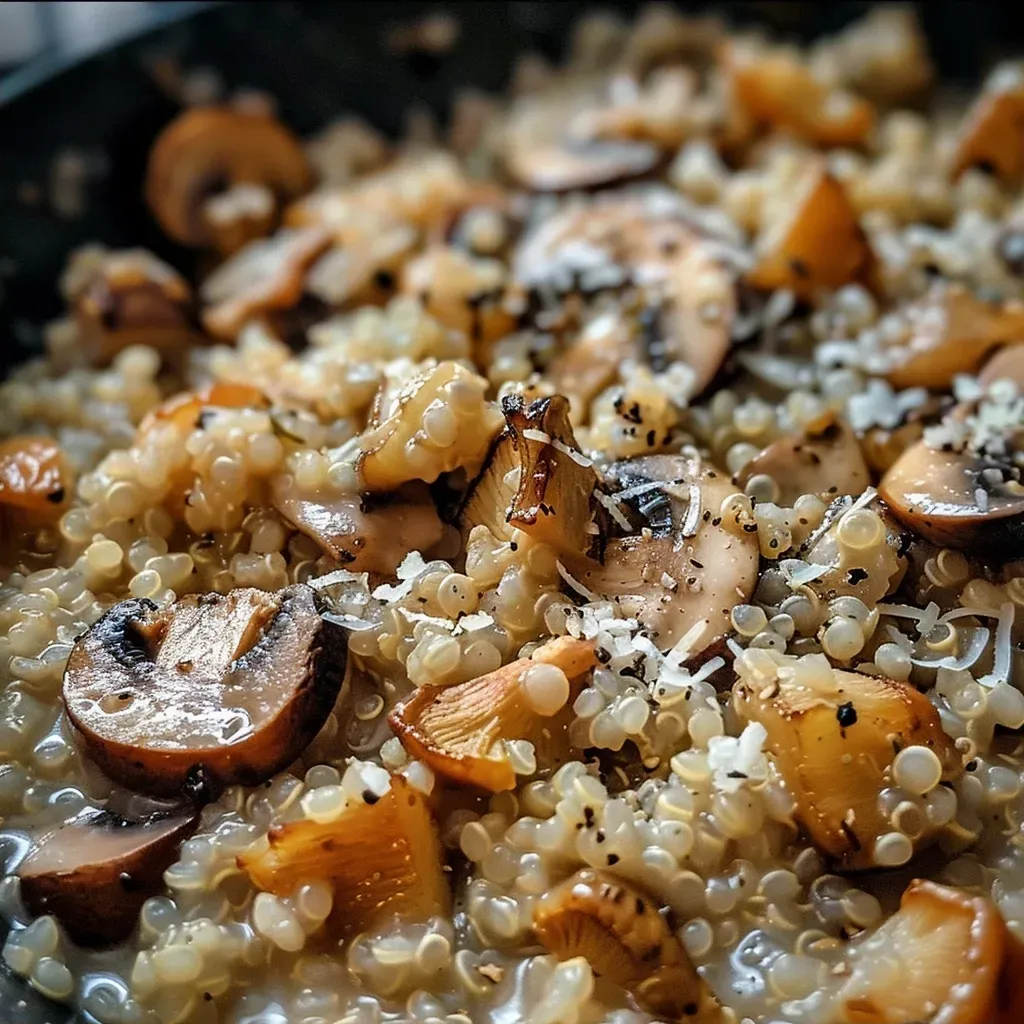 Risotto de quinoa con champiñones en un plato.