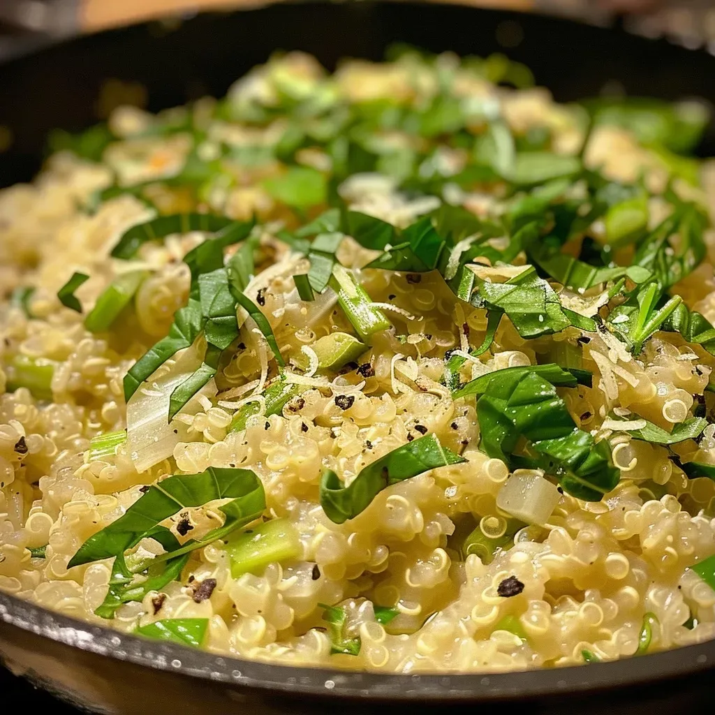 ['Risotto de quinoa cremoso con verduras frescas.', 'Primer plano de un delicioso risotto de quinoa.', 'Tazón de risotto de quinoa con espinacas y tomate.', 'Risotto cremoso de quinoa, servido en un plato hondo.']