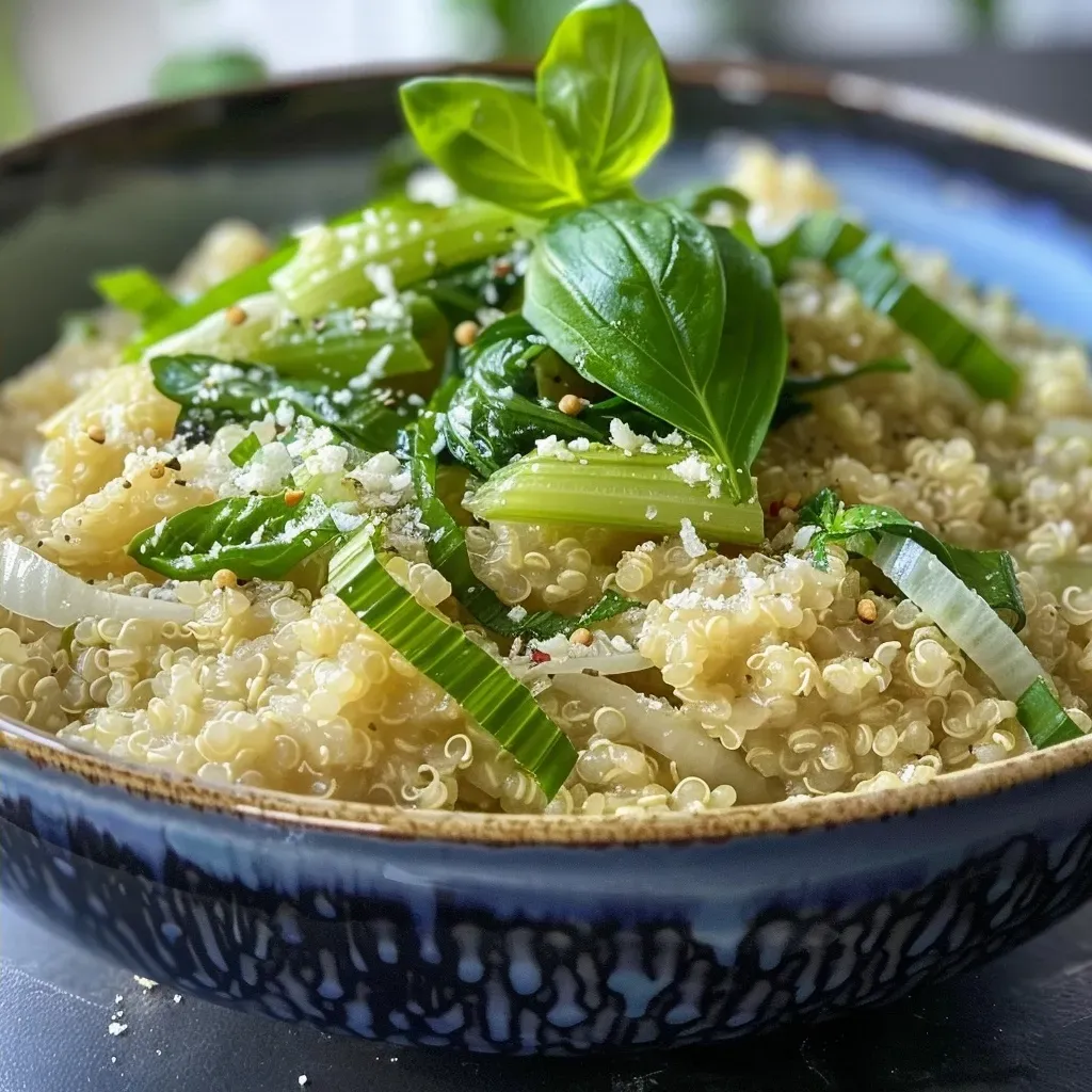 Risotto de quinoa cremoso con verduras frescas.