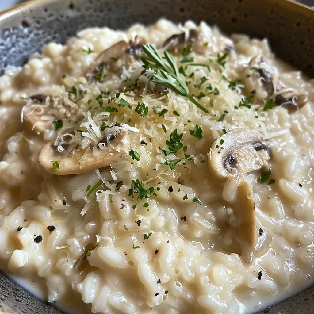 ['Risotto Italiano cremoso y sedoso servido en un plato.', 'Primer plano de un risotto italiano con queso Parmigiano.', 'Tazón de risotto italiano con ingredientes frescos.', 'Detalle visual de un delicioso risotto italiano.']